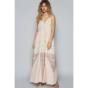 "Melissa" Plaid Embroidered Woven Maxi Dress in Lt Pink